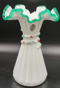 Fenton Art Glass Hand-painted Milk Glass Wheat Vase Emerald Green Trim... - Picture 1 of 5