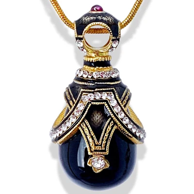 Black Onyx Sterling Enamel Faberge Art Deco Egg Pendant Swarovski Crystal Garnet - Image 1 of 4