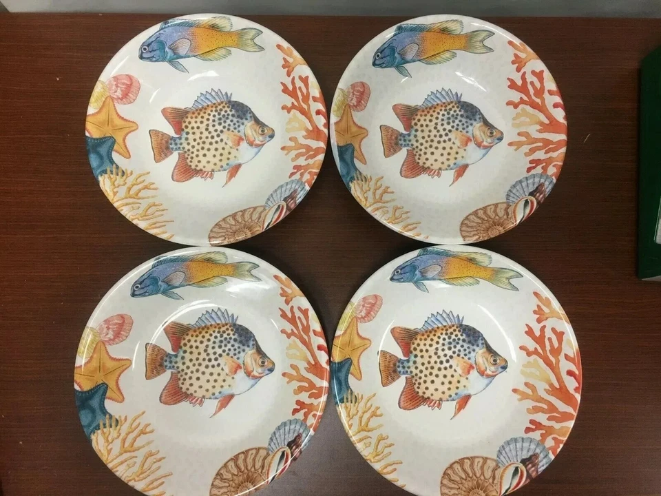 NUEVO Williams Sonoma Set 4 Cuencos de Cereal Sopa Coral Melamina Pescado Marino Hawaii Nuevo con Etiquetas Foto 1 de 1