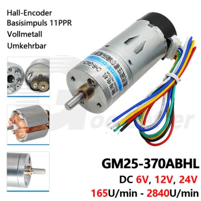 DC 6V 12V 24V Vollmetall Getriebemotoren Hall Encoder 165 - 2840RPM GM25-370ABHL - Bild 1 von 4
