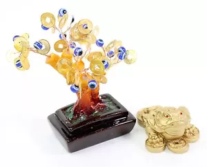 2er Set ~ Fengshui Gold Geld Frosch blau böse Augen Geld Baum Wohndeko Geschenk - Bild 1 von 3