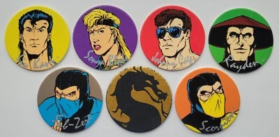 Vintage Pogs * Set of 7 Mortal Kombat * Midway * 6 Characters & Foil Symbol - Image 1 of 2