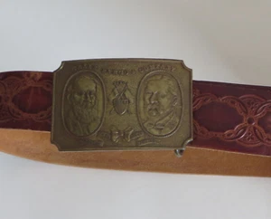 Vtg Tiffany New York Brass Wells Fargo & Co. Belt Buckle w/ Hand Tooled Belt - Picture 1 of 5