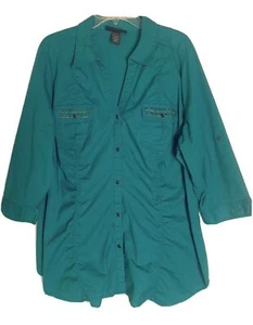 LANE BRYANT Size 22/24 Teal Button Front Blouse Roll Tab Sleeves - Picture 1 of 6