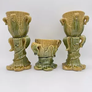 vtg majolica Style corn shaped Ceramic pillar candle holder 3pc set Rare - Picture 1 of 12
