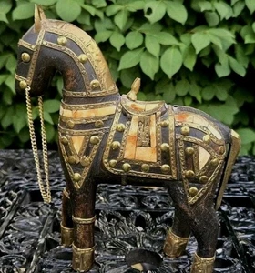 Cavallo Charles Marcak legno intagliato a mano rame ottone intarsiato perla avorio teak 8"T - Foto 1 di 12