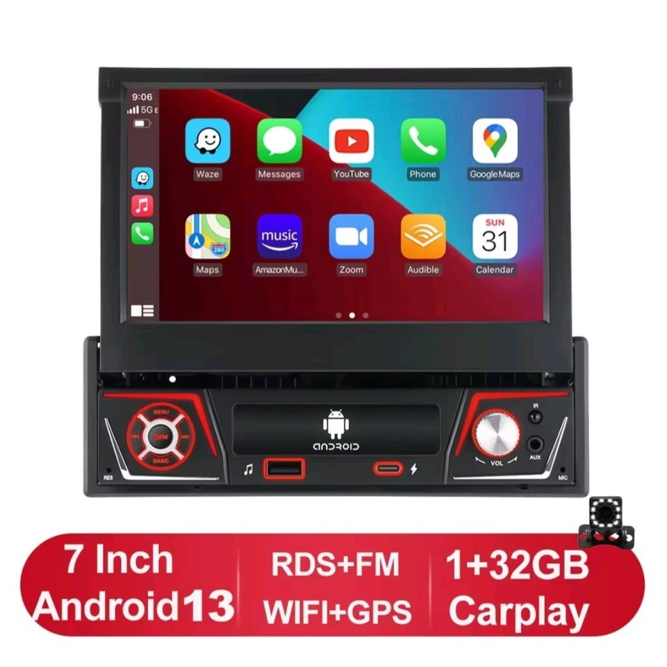 1 din autoradio Android Carplay Auto Universale 7  IPS schermo retrattile - Immagine 1 di 4