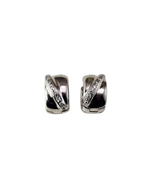 18K White Gold Diamond Huggie Hoop Earrings #23954 - Image 1 of 4