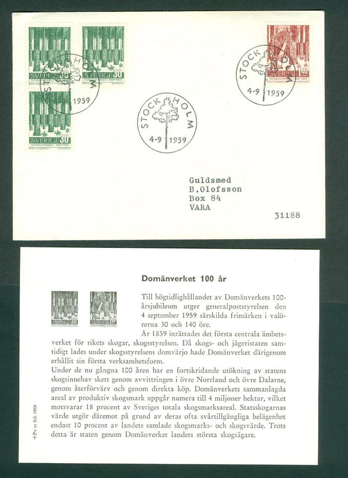 Sweden. FDC 1959. Adm. Crown Land And Forest. Tree. Scott# 3/544-545. Adr: Vara - Image 1 of 1