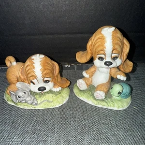 Lefton Keramik handbemalt Welpe Hund mit Schildkröte und Maus Figur 2er Set - Bild 1 von 2