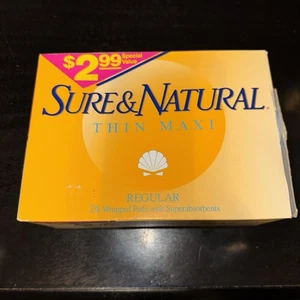 Vintage Sure & Natural dünne Maxi Pads nur 24 Stück dünne Maxi seltene Requisite - Bild 1 von 4