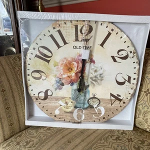 Reloj de Pared Floral Cara Abierta 50cm Grande Madera Lujo Circular Campo Decoración Hogar - Imagen 1 de 4