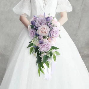 Purple Rose Wedding Bouquets Artificial Lavender Flowers Bride Cascading Bouquet - Picture 1 of 7
