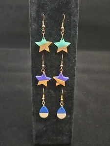 Star and Teardrop Boho Wood and Resin Dangly Earrings Bohemian Minimalist - Picture 1 of 7