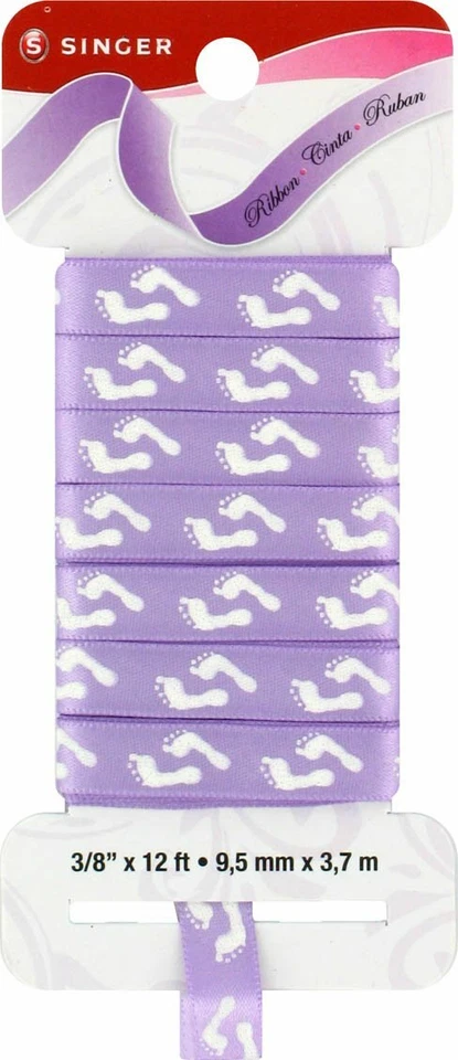 SINGER Satin Ribbon, 3/8-Inch by 12-Feet, Foot Prints Print, Amethyst Purple - Imagem 1 de 1