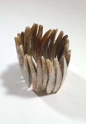 Shell Mother of Pearl Bracelet Elastic Double Drill Beads Gld Silv Bronz Tones - Image 1 of 4