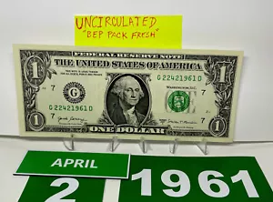 One Dollar Bill Birthday Note April 2 1961. Uncirculated. Fancy Serial Number - Picture 1 of 9