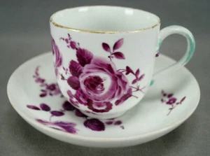 Meissen Dot Period Hand Painted Puce Rose & Gold Coffee Cup & Saucer C.1763-1774 - Picture 1 of 12