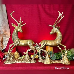 De colección Ciervos de Latón Posados sobre Rocas Reno Navidad Ciervos Dorados Par Rústico - Imagen 1 de 9