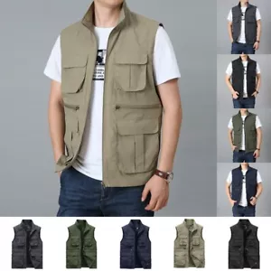 Men Utility Waistcoat Gilet Sleeveless Jacket Vest Tops Zip Pocket Casual Plain - Picture 1 of 17