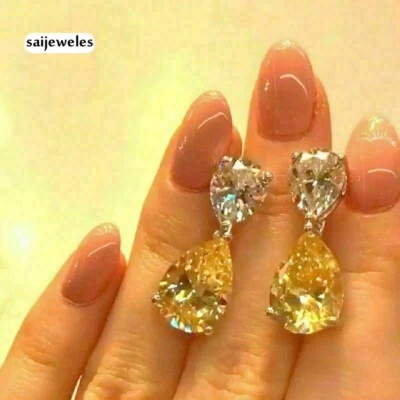 3CT Pear Shape Lab-Created Yellow Diamond Drop/Dangle Earrings 14K White Gold FN - Image 1 of 4