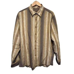 Tommy Bahama Brown Tan Stripe Mens size XL 100% silk Button Up Long sleeve Shirt - Picture 1 of 14