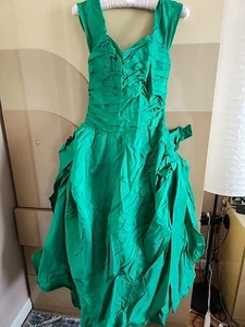 Vintage 1950s Emerald Green Ruched Taffeta Prom Dress Full Skirt w/ Bow - Picture 1 of 21