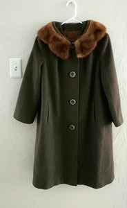 Vintage 1950s Green Wool Swing Coat Real Fur Collar ILGWU Union Made USA - Picture 1 of 22