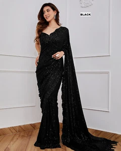 Trachten weißer Georgette Sari mit Seidenbluse für Damen Bollywood Sari - Bild 1 von 1