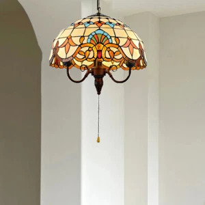 Vintage Chandelier Tiffany Glass Ceiling Light for Foyer Decor with Pull Chain - Picture 1 of 9