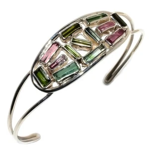 Multi- Rock Tourmaline Gemstone 925 Sterling Silver Cuff Bracelet Adjustable - Picture 1 of 3