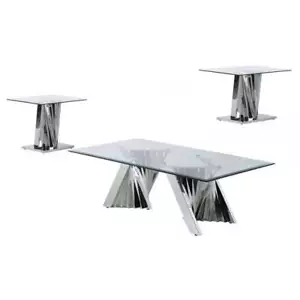 Geometric Clear Glass Coffee + 2 End Table Set with Silver Stainless Steel - Picture 1 of 3