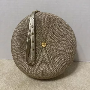 "Bolso de mano Eric Javits dorado 8"" muñequera redondo con forro rosa - nuevo sin etiquetas" - Imagen 1 de 16