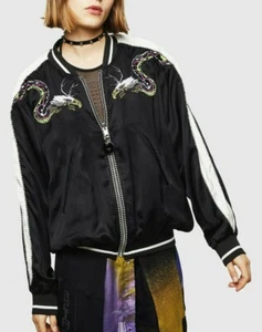 $398 NWT DIESEL SzXS G-IOIO-A EMBROIDERED REVERSIBLE SATIN BOMBER JACKET BLACK - Picture 1 of 12