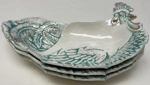 Set of 4 Vintage Green Gold White Chicken Dishes, California Pottery - 9.5" x 7" - Picture 1 of 6
