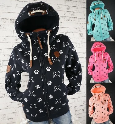 Damen Sweat Jacke Kapuze Hoodie Fleece gefüttert Übergangsjacke Cat Katze M-3XL - Bild 1 von 4