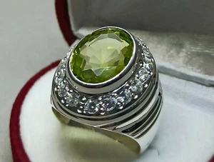 Oval Cut 12 Ct Pale Green Peridot Sterling Silver 925 Handmade Beryl Mens Ring - Picture 1 of 12