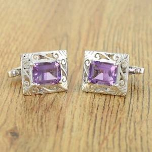 Octagon Cut Purple Amethyst Gemstone Sterling Silver Men's Cuff links Jewelry - Picture 1 of 3