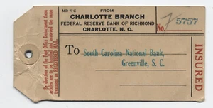 1928 asegurado como etiqueta de paquete registrada Charlotte NC 4ª oficinas [y9718 - Imagen 1 de 3