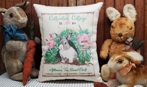 VINTAGE PRIMITIVE SHABBY STYLE BUNNY RABBIT EASTER COTTONTAIL COTTAGE PILLOW - Picture 1 of 12