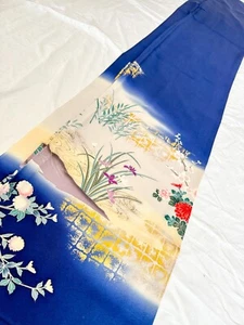 Vintage Kimono Fabric Picked From Furisode 70”x14” Multi Color Base v381 - Picture 1 of 10