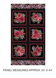 BENARTEX AMAZING POPPIES BLACK METALLIC 60 CM PANEL BY ANN LAUER 100% COTTON - Picture 1 of 5