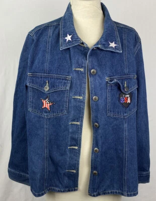 Crossroads 女式牛仔夹克 16W 缝上补丁翻盖口袋爱国阅读 — 第 1/4 张图片