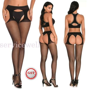 Thigh High Fishnet Stockings Lace Top Over Knee Sexy Black Pantyhose Garter Belt - Picture 1 of 3