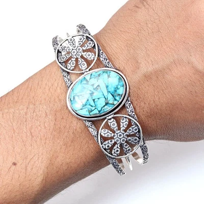 Браслеты-манжеты ювелирные изделия из голубой меди бирюзы драгоценных камней 7 дюймов регулируемые - Изображение 1 из 4