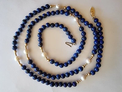 Ожерелье с лазуритом, жемчугом, золотыми бусинами и золотой застежкой 14 карат - Изображение 1 из 4