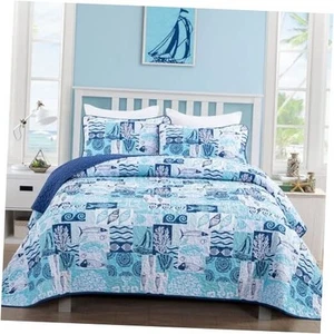 Coastal Quilt Set King Blue Patchwork Beach Themed King (90"x 104") Blue Fish - Picture 1 of 7