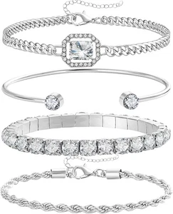 4 Pcs Dainty Gold Silver Bracelets Set for Women 14K Plated Link Cubic Zirconia - Picture 1 of 7