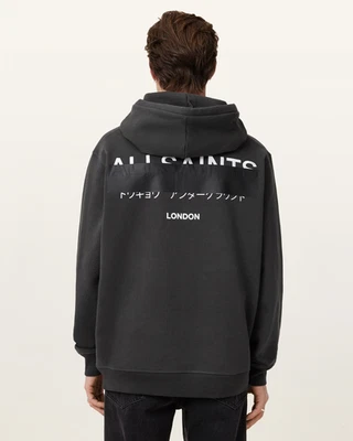 All Saints Mens Redact Washed Black Hoodie Relaxed Fit Embroidered Sweatshirt - Image 1 of 4