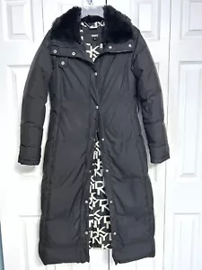DKNY Women's Black Down Filled Long Duvet Zipper Puffer Coat Hooded Size XS - Picture 1 of 15